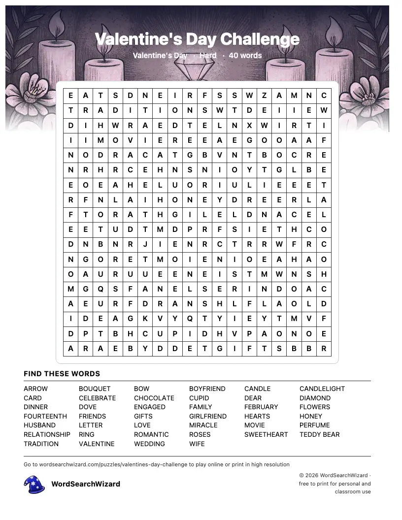 Valentine's Day Challenge word search printable sheet, 40 words to find