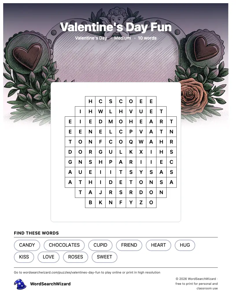 Valentine's Day Fun word search printable sheet, 10 words to find