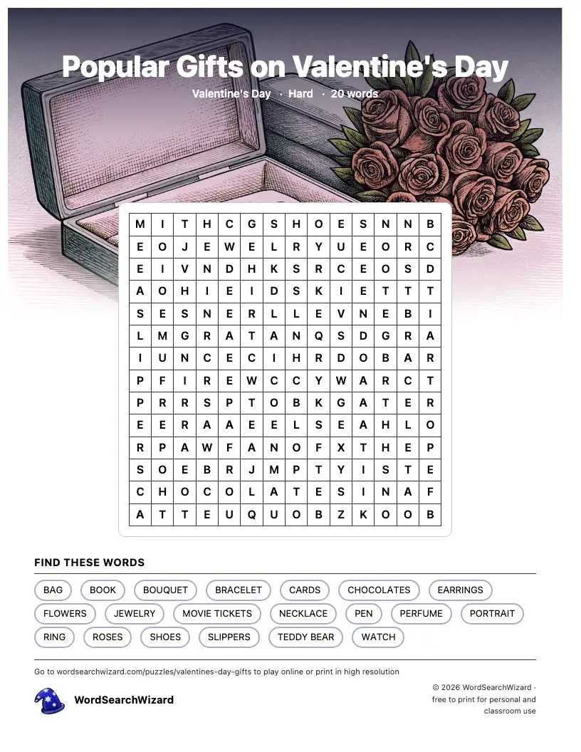 Popular Gifts on Valentine's Day word search printable sheet, 20 words to find