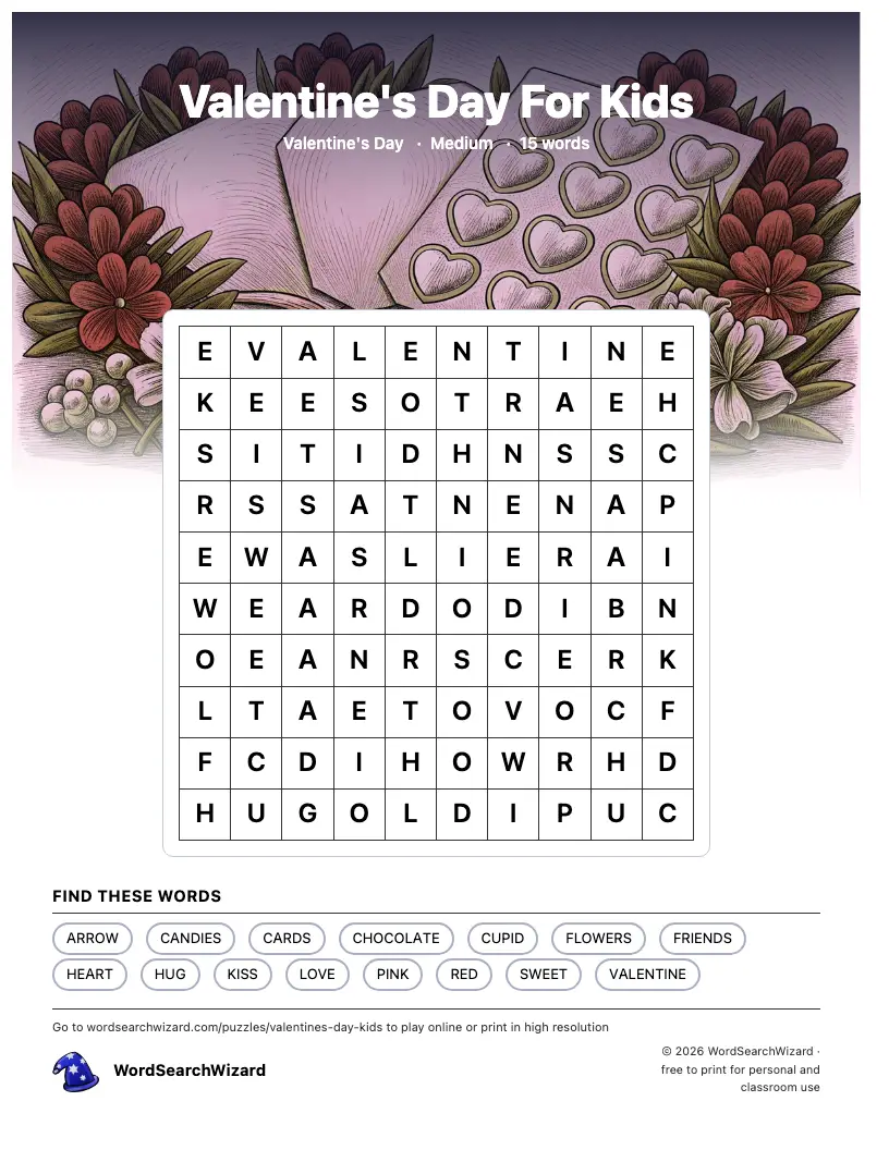 Valentine's Day For Kids word search printable sheet, 15 words to find