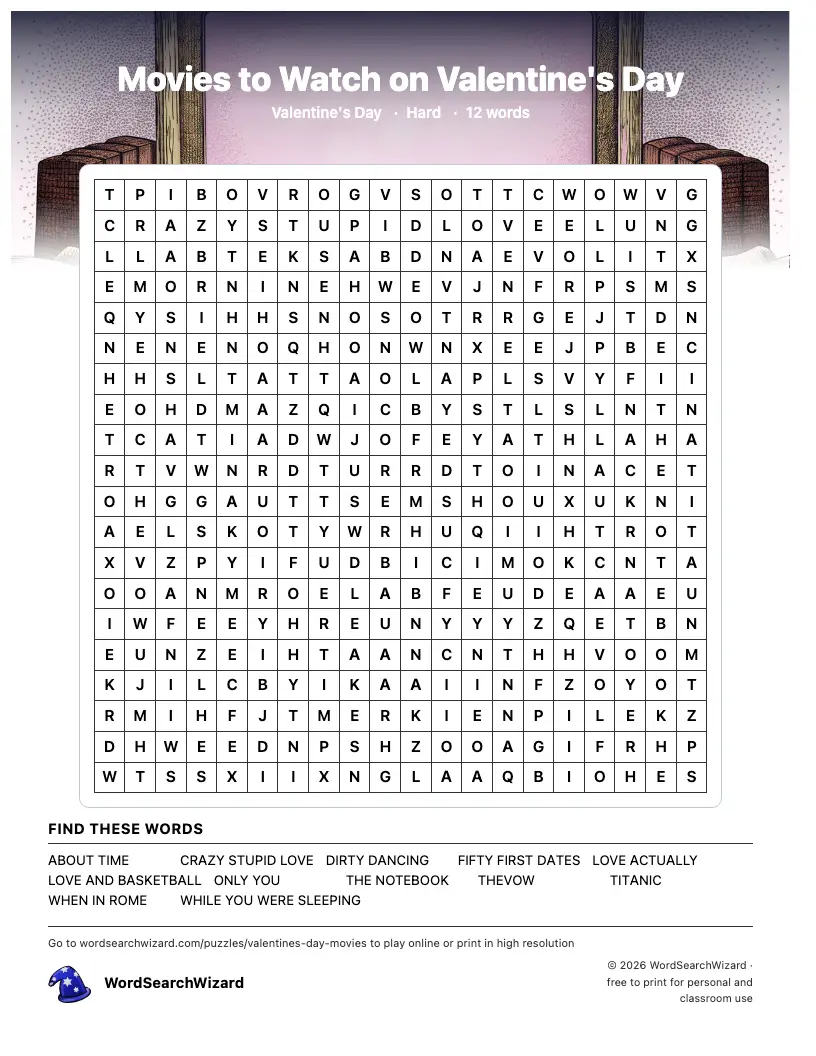 Movies to Watch on Valentine's Day word search printable sheet, 12 words to find