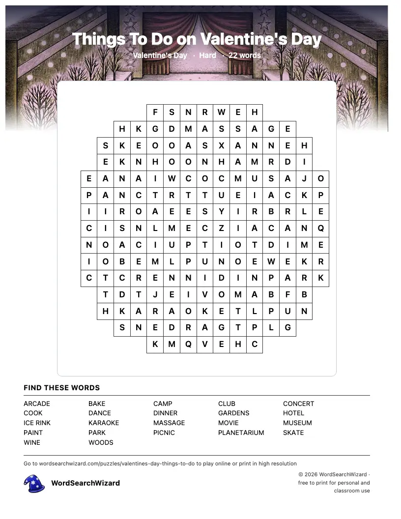 Things To Do on Valentine's Day word search printable sheet, 22 words to find