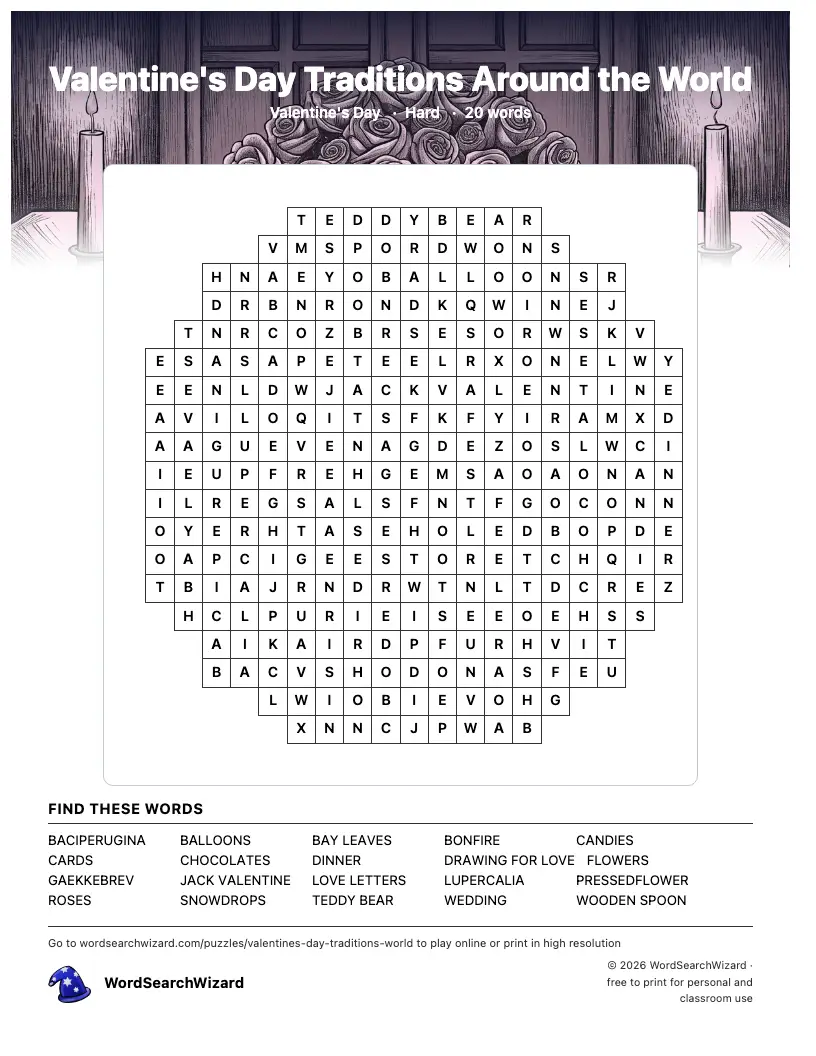 Valentine's Day Traditions Around the World word search printable sheet, 20 words to find