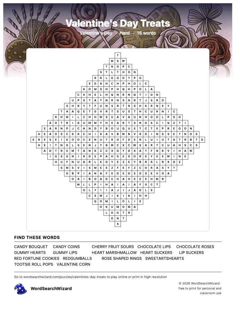 Valentine's Day Treats word search printable sheet, 16 words to find
