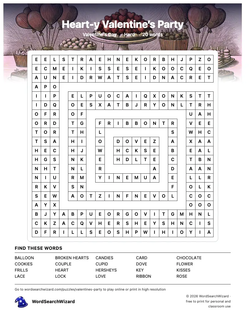 Heart-y Valentine’s Party word search printable sheet, 20 words to find