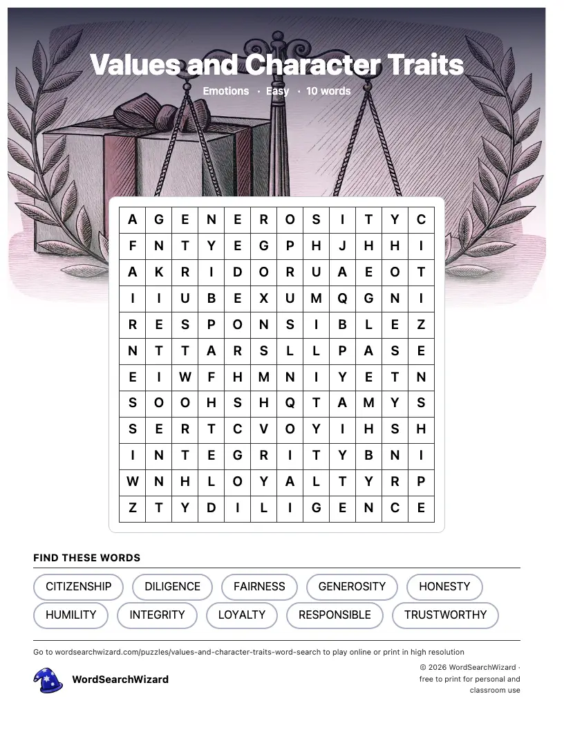 Values and Character Traits word search printable sheet, 10 words to find