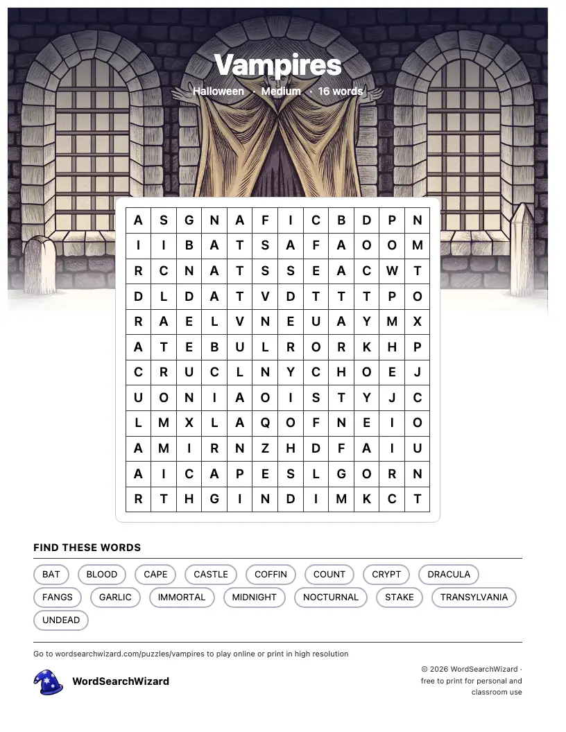 Vampires word search printable sheet, 16 words to find