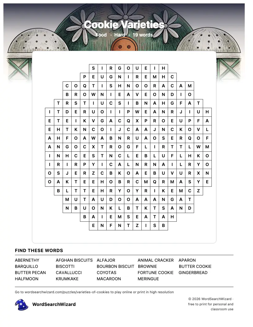Cookie Varieties word search printable sheet, 19 words to find