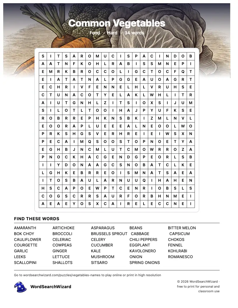 Common Vegetables word search printable sheet, 34 words to find