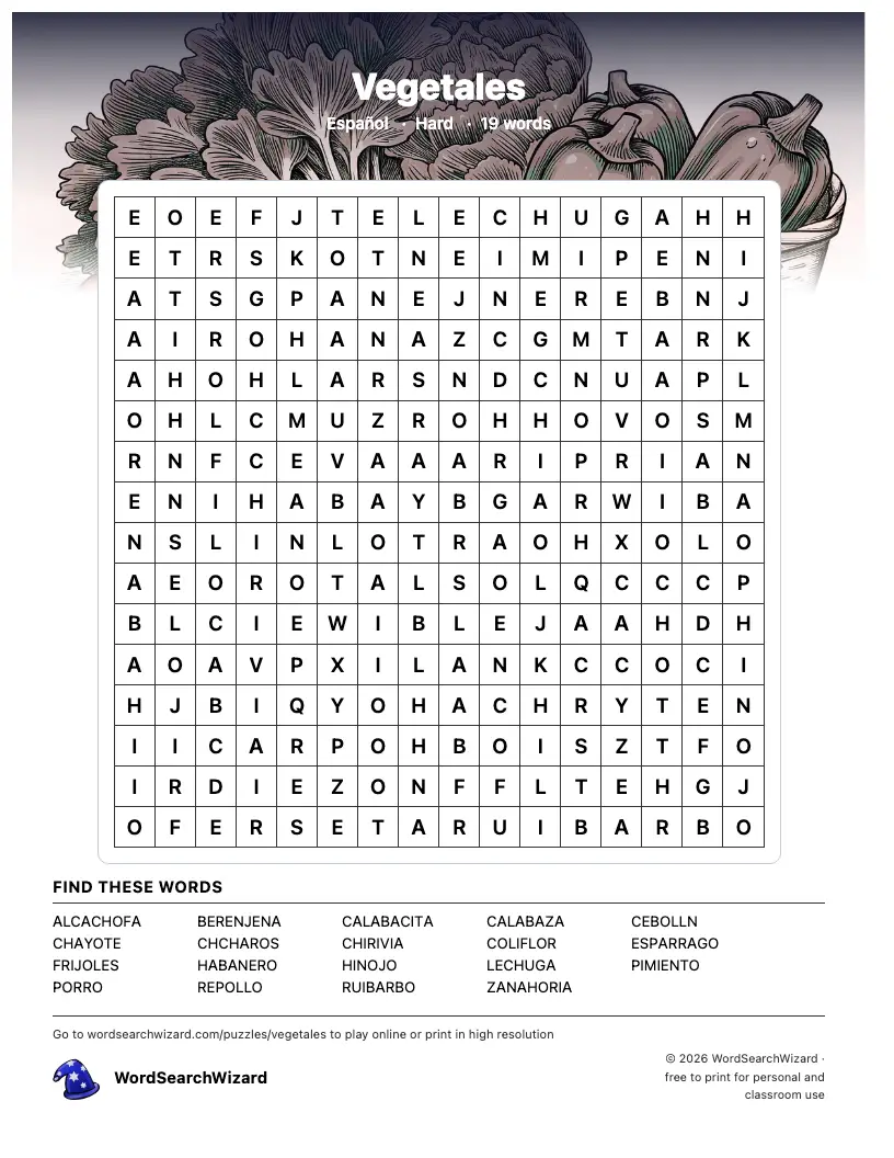 Vegetales word search printable sheet, 19 words to find