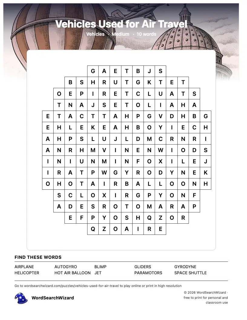 Vehicles Used for Air Travel word search printable sheet, 10 words to find