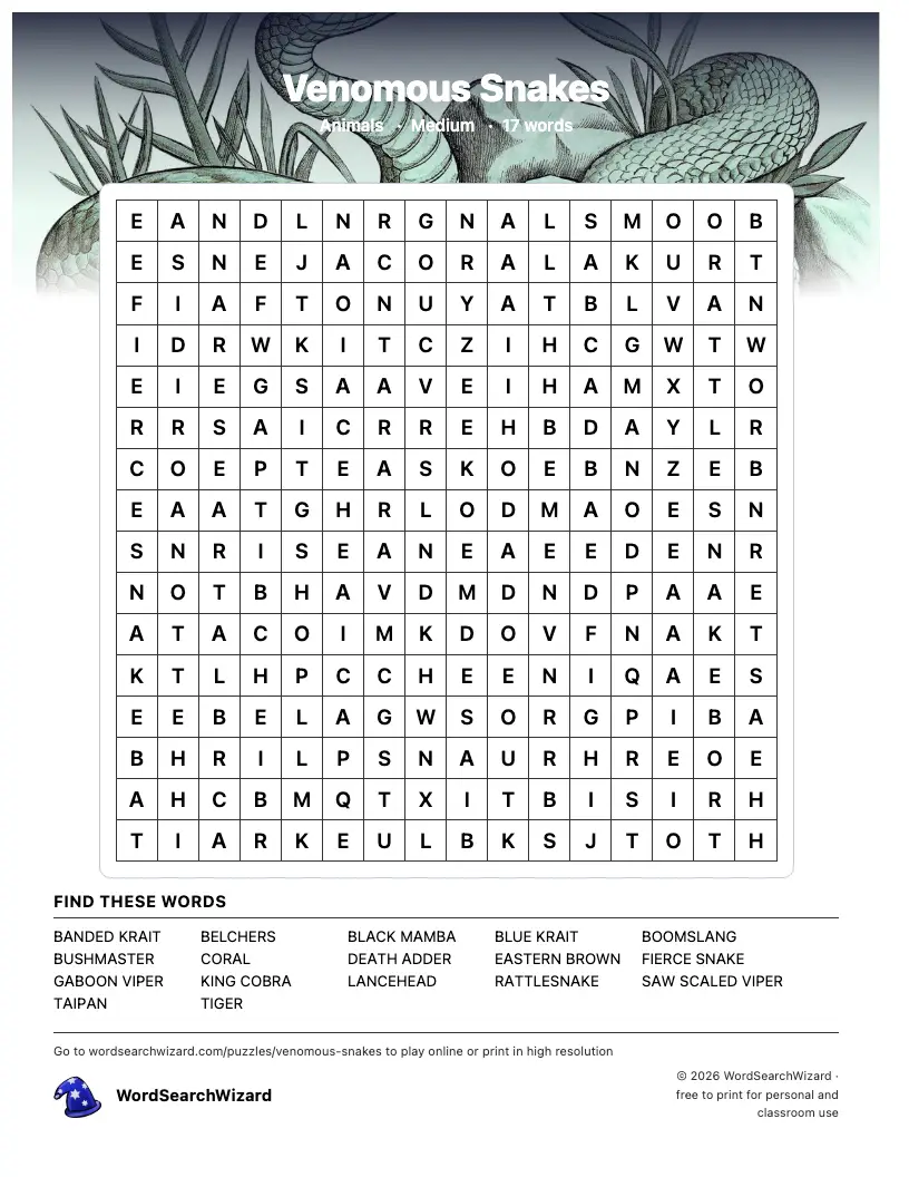 Venomous Snakes word search printable sheet, 17 words to find