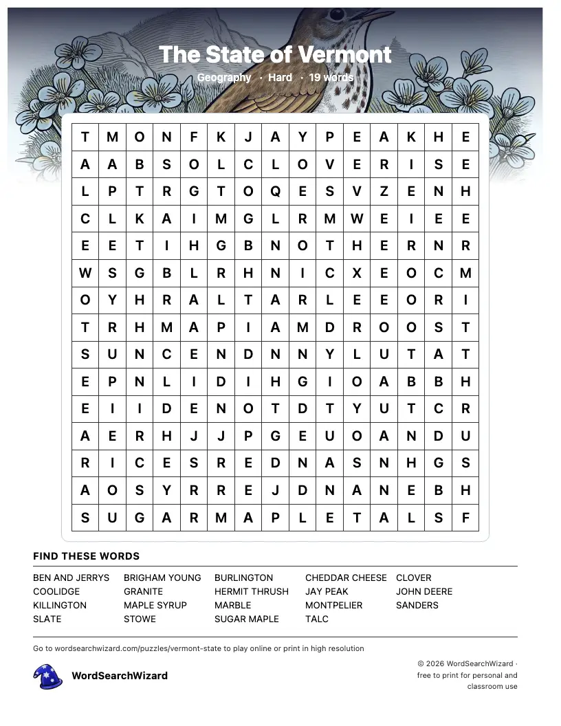 The State of Vermont word search printable sheet, 19 words to find