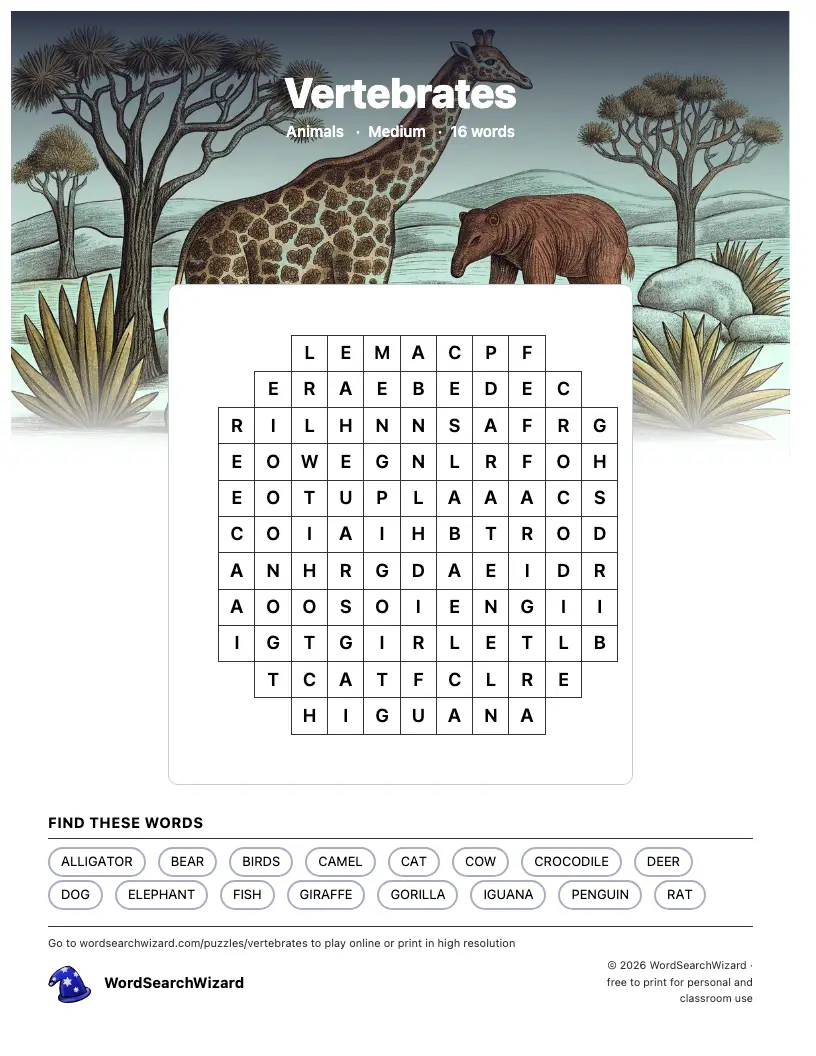 Vertebrates word search printable sheet, 16 words to find
