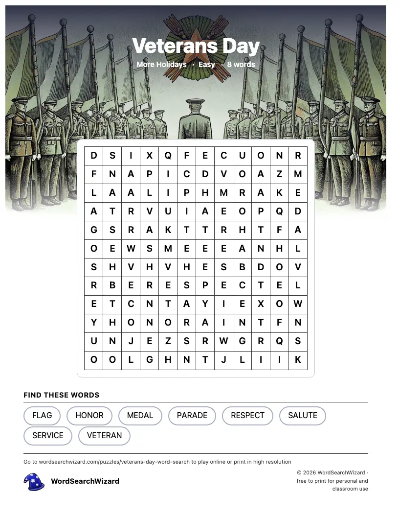 Veterans Day word search printable sheet, 8 words to find