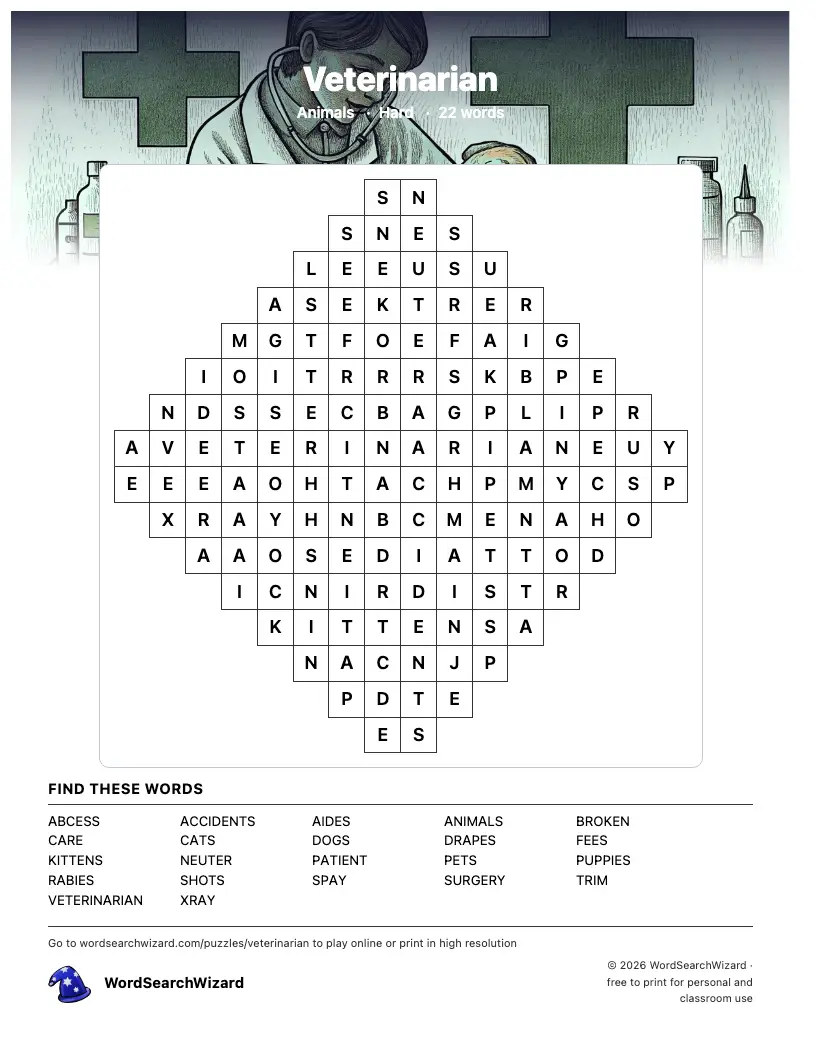 Veterinarian word search printable sheet, 22 words to find