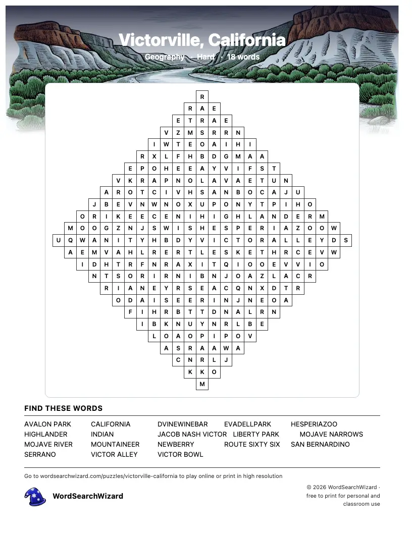 Victorville, California word search printable sheet, 18 words to find