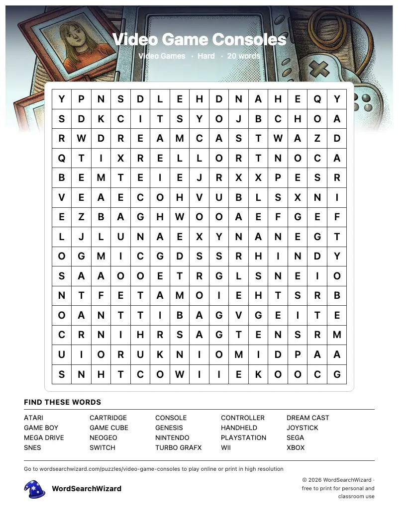 Video Game Consoles word search printable sheet, 20 words to find