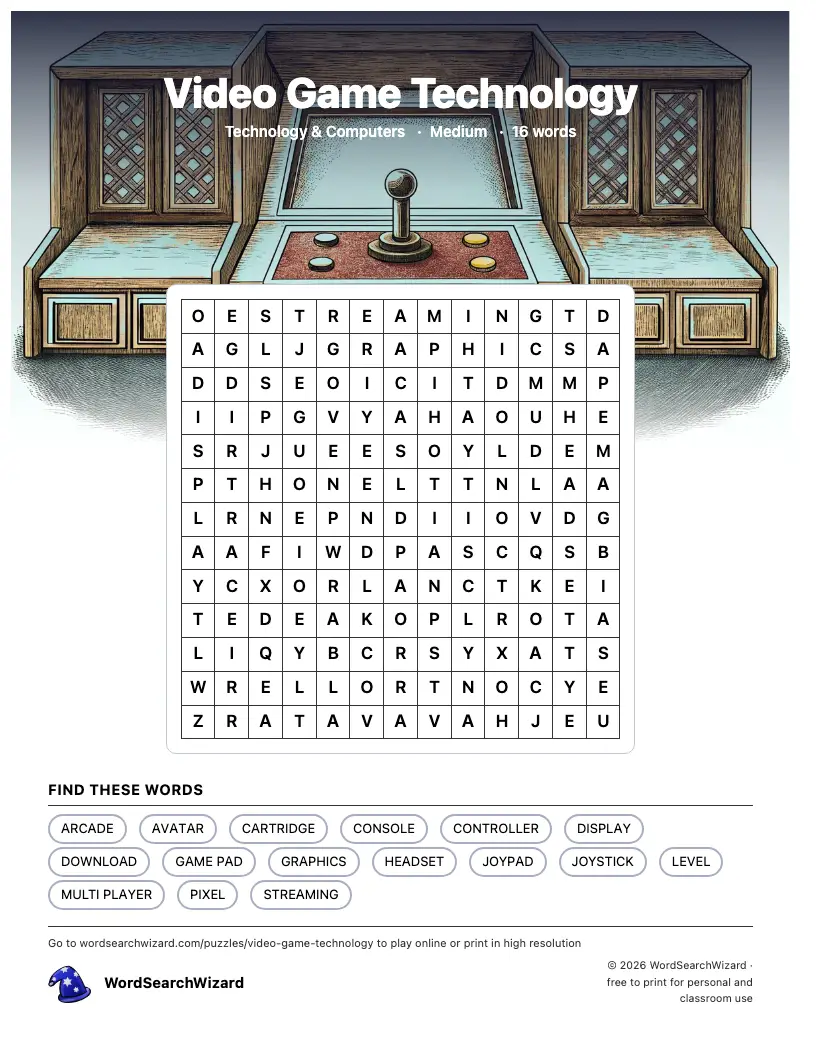 Video Game Technology word search printable sheet, 16 words to find