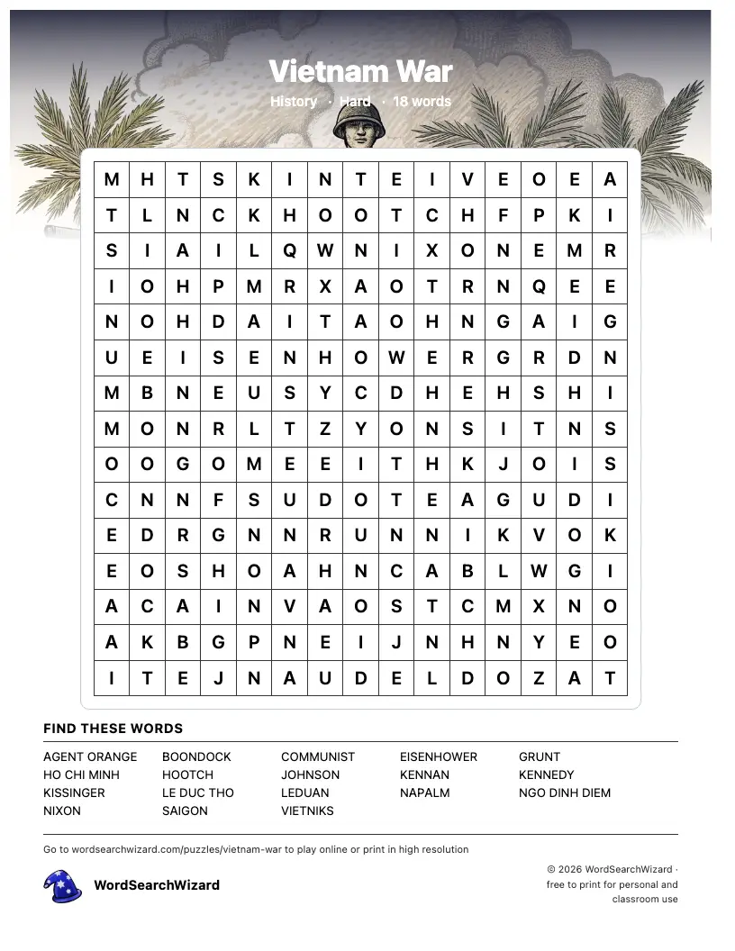 Vietnam War word search printable sheet, 18 words to find