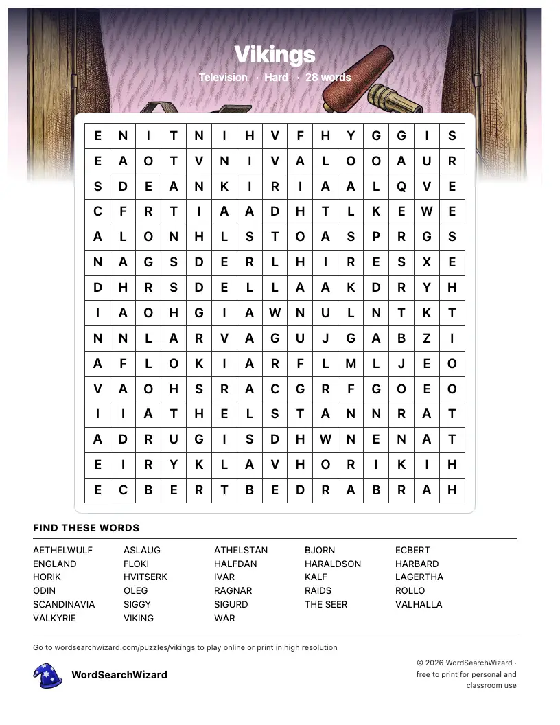 Vikings word search printable sheet, 28 words to find