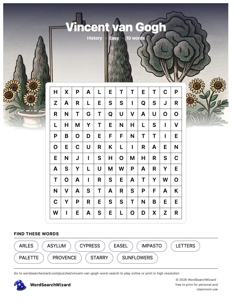 Vincent van Gogh word search printable sheet, 10 words to find