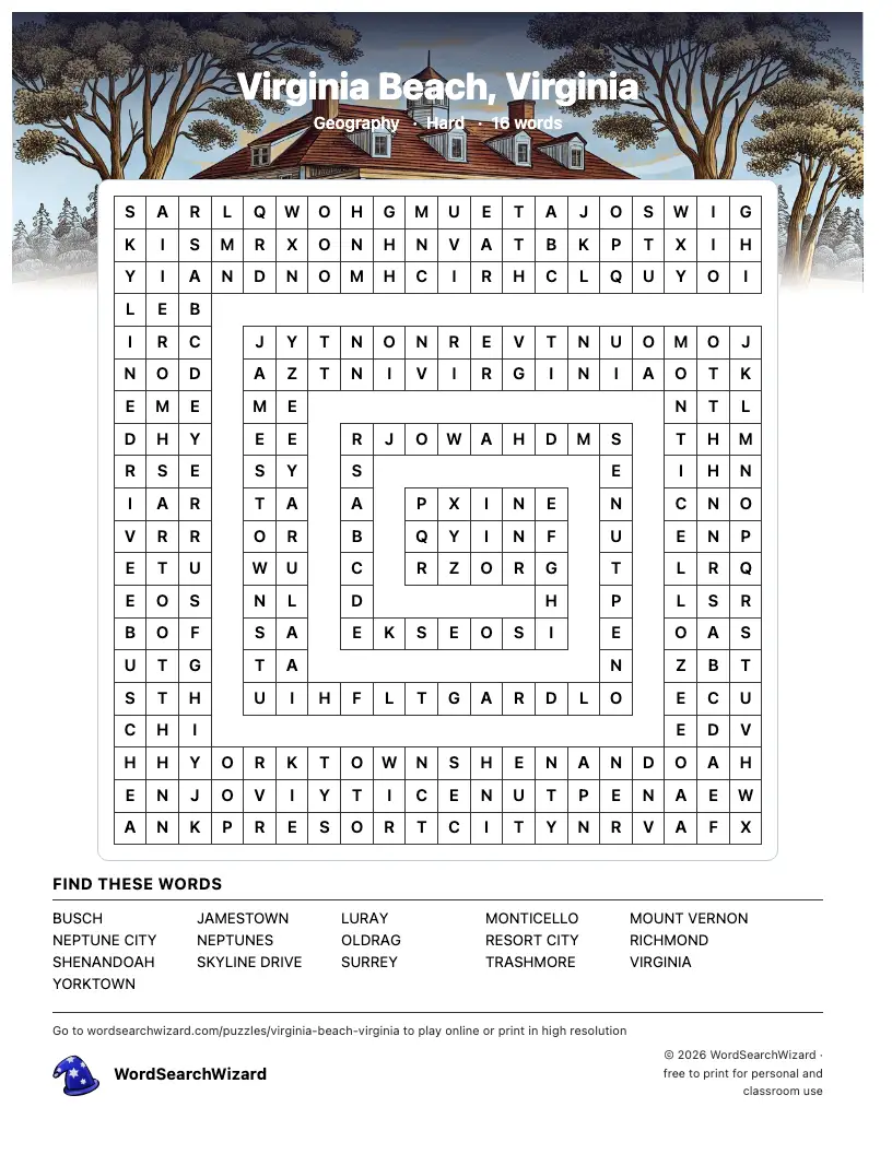 Virginia Beach, Virginia word search printable sheet, 16 words to find