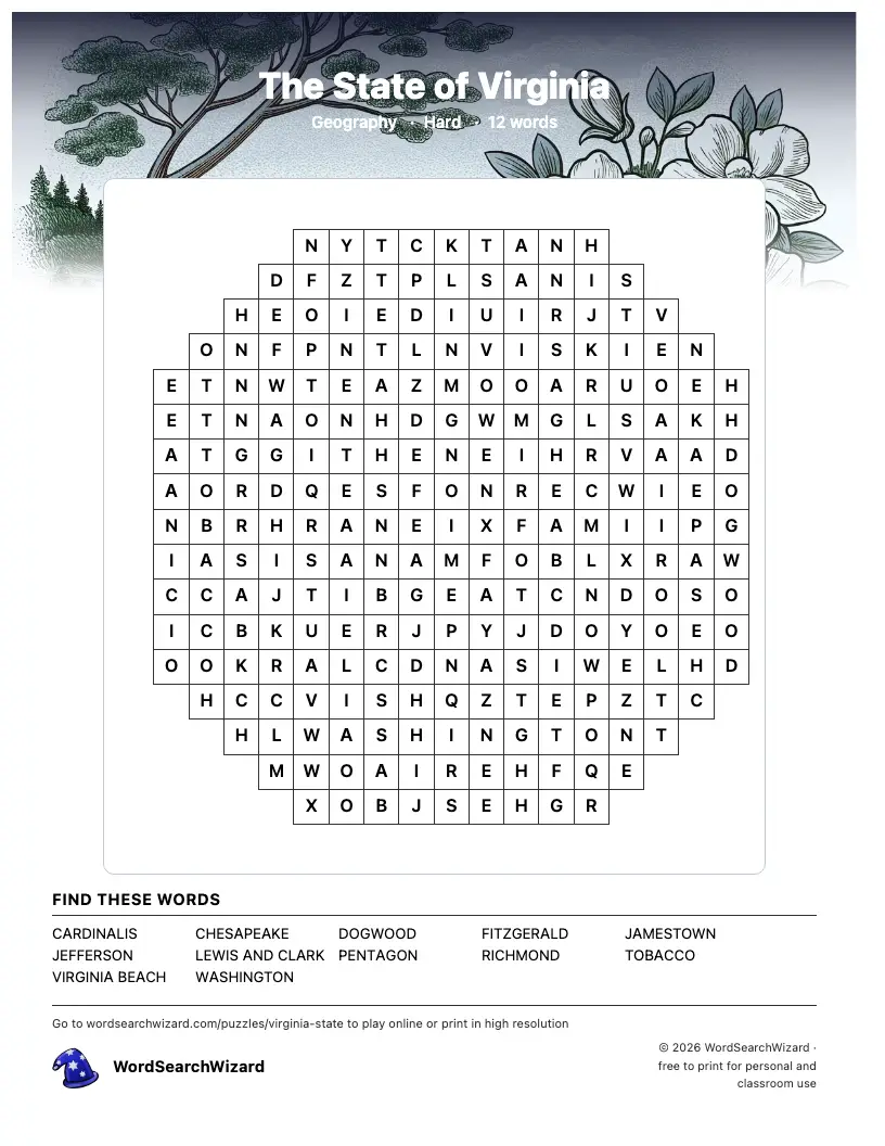The State of Virginia word search printable sheet, 12 words to find