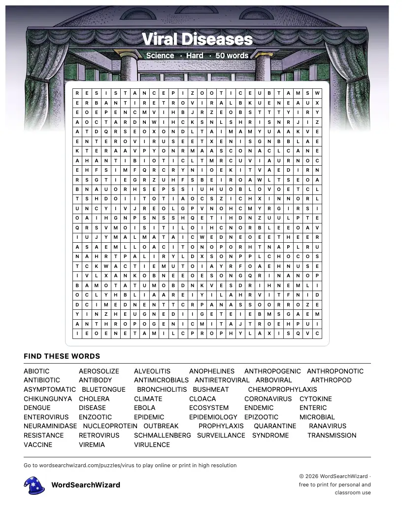 Viral Diseases word search printable sheet, 50 words to find