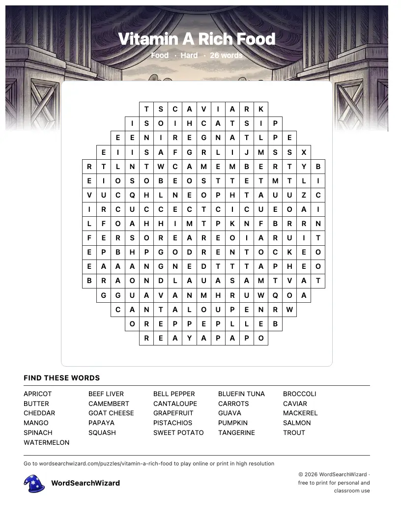 Vitamin A Rich Food word search printable sheet, 26 words to find