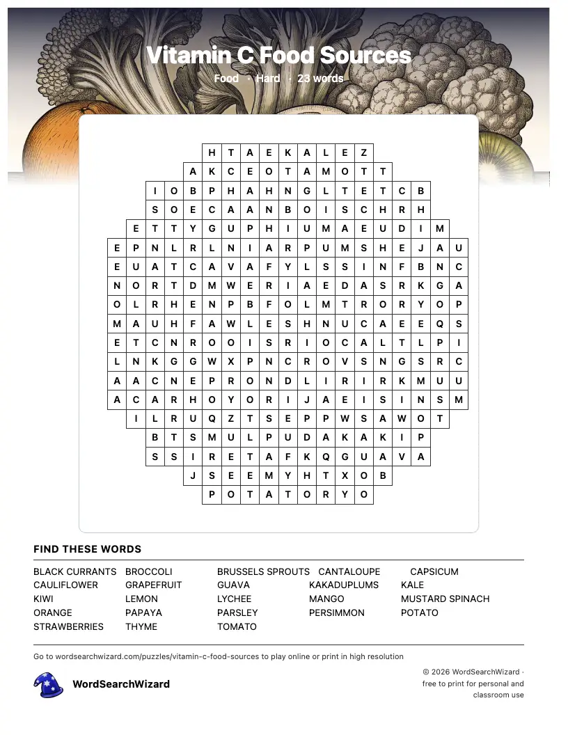 ​​Vitamin C Food Sources word search printable sheet, 23 words to find