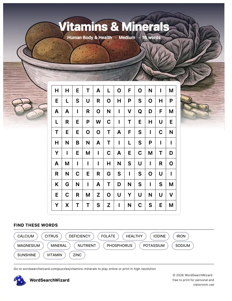 Vitamins & Minerals word search printable sheet, 16 words to find