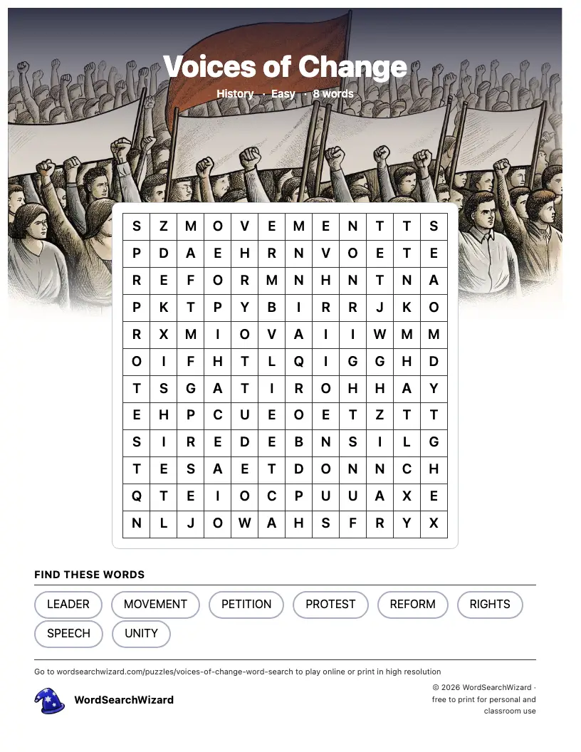 Voices of Change word search printable sheet, 8 words to find