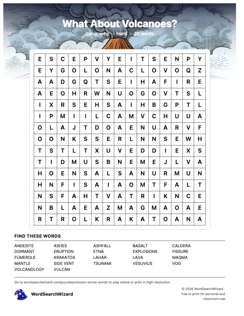 What About Volcanoes? word search printable sheet, 22 words to find