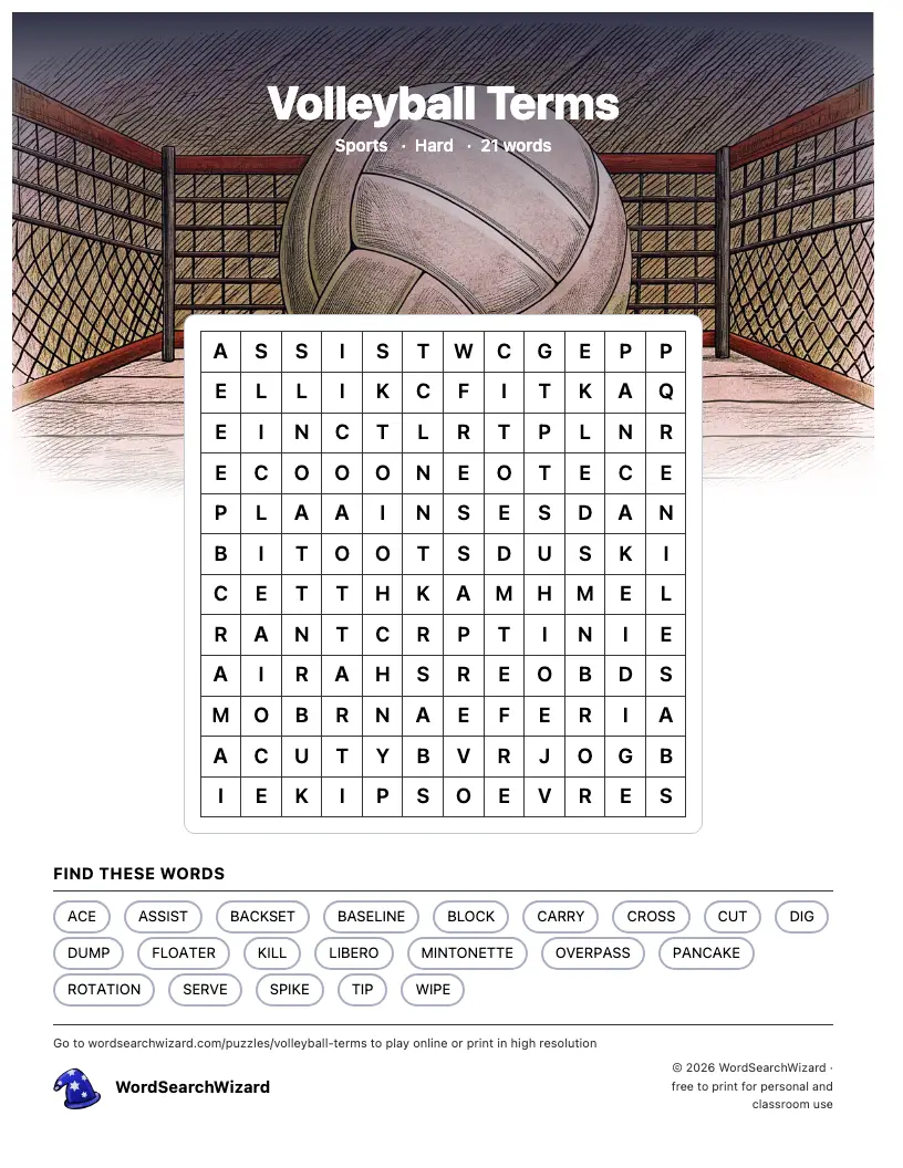 Volleyball Terms word search printable sheet, 21 words to find