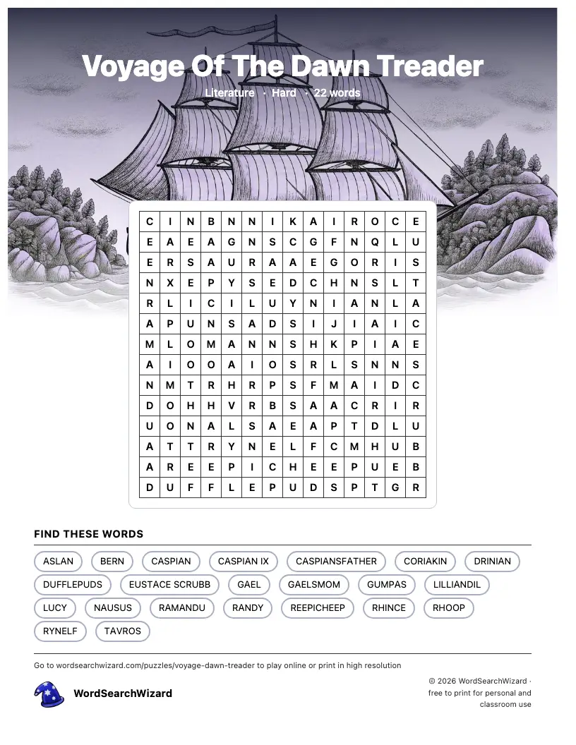 Voyage Of The Dawn Treader word search printable sheet, 22 words to find