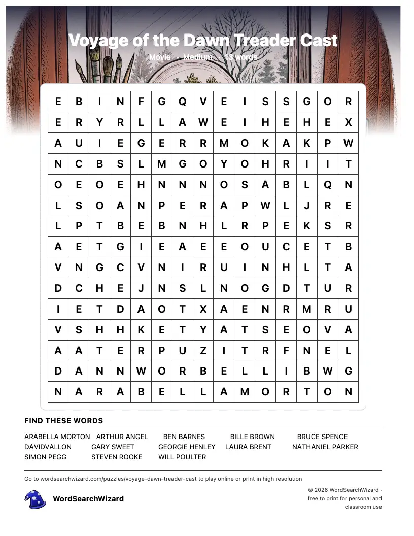 Voyage of the Dawn Treader Cast word search printable sheet, 13 words to find