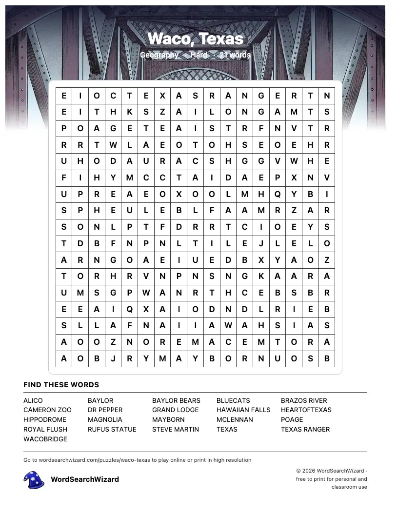 Waco, Texas word search printable sheet, 21 words to find