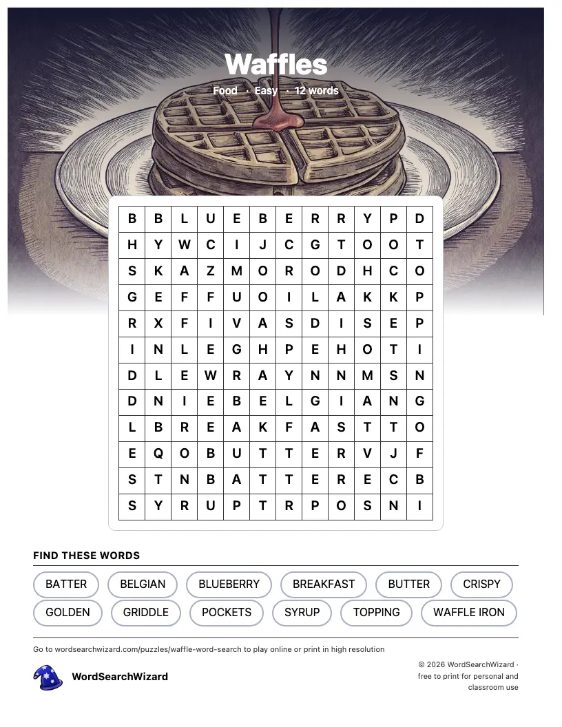 Waffles word search printable sheet, 12 words to find