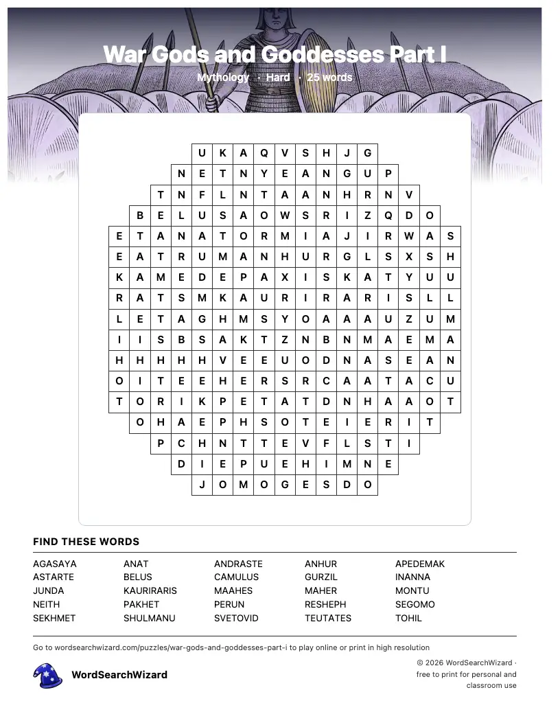 War Gods and Goddesses Part I word search printable sheet, 25 words to find