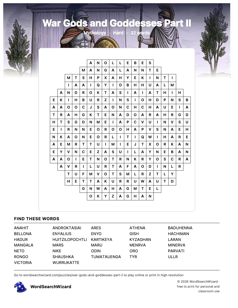 War Gods and Goddesses Part II word search printable sheet, 32 words to find