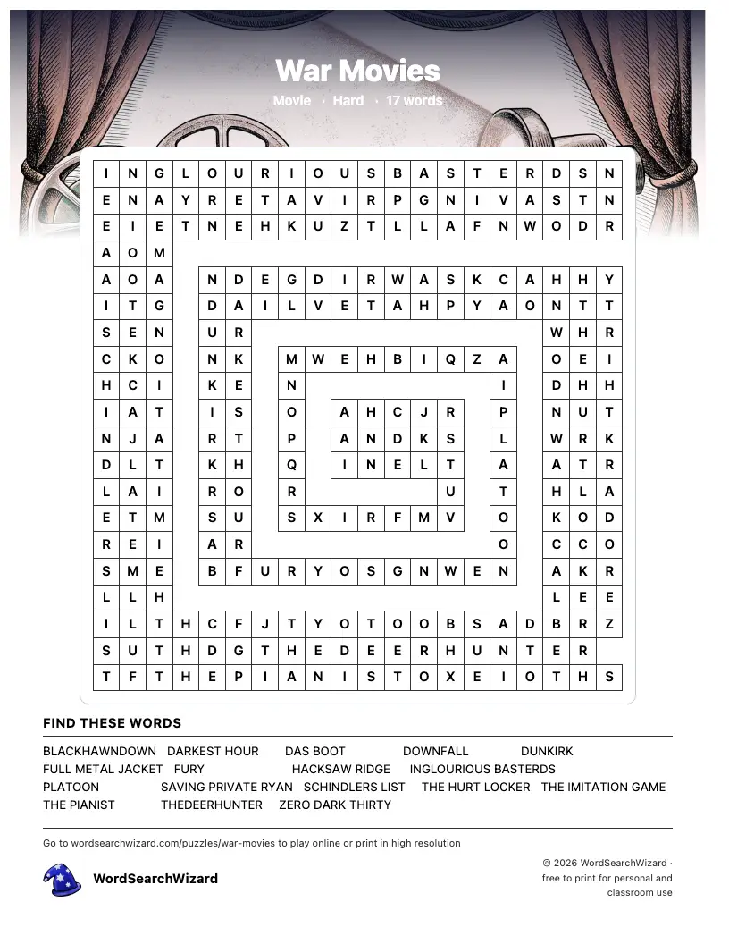 War Movies word search printable sheet, 17 words to find