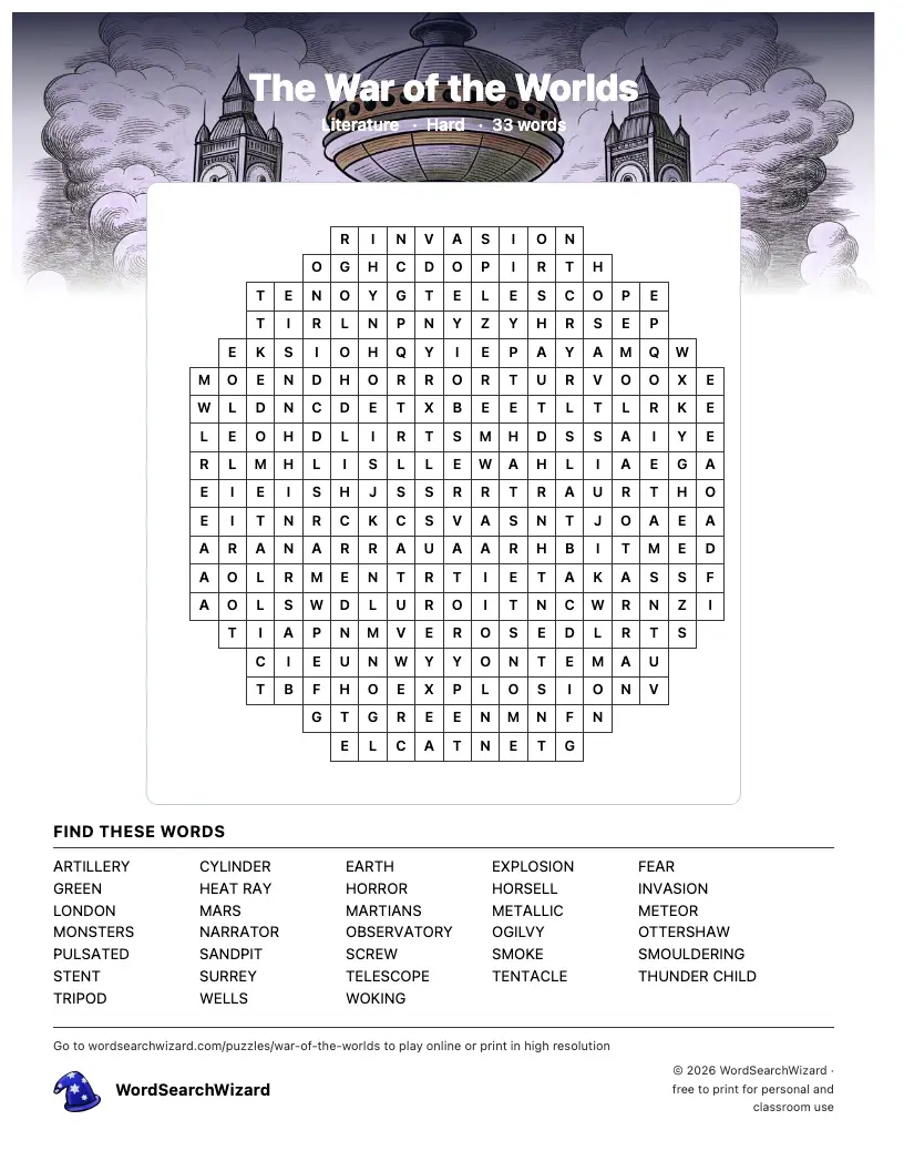 The War of the Worlds word search printable sheet, 33 words to find