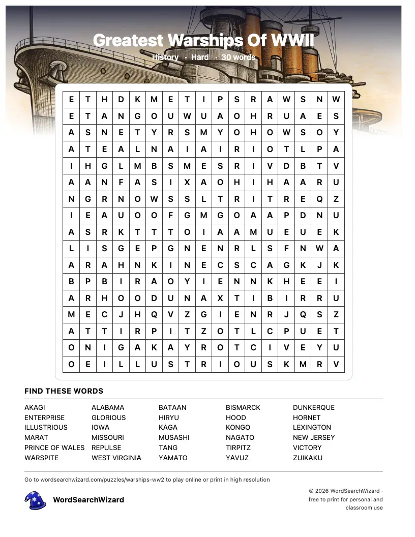 Greatest Warships Of WWII word search printable sheet, 30 words to find