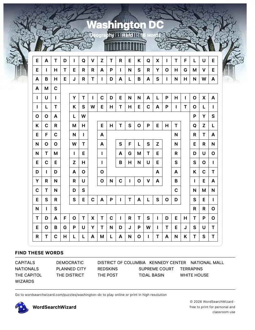 Washington DC word search printable sheet, 16 words to find
