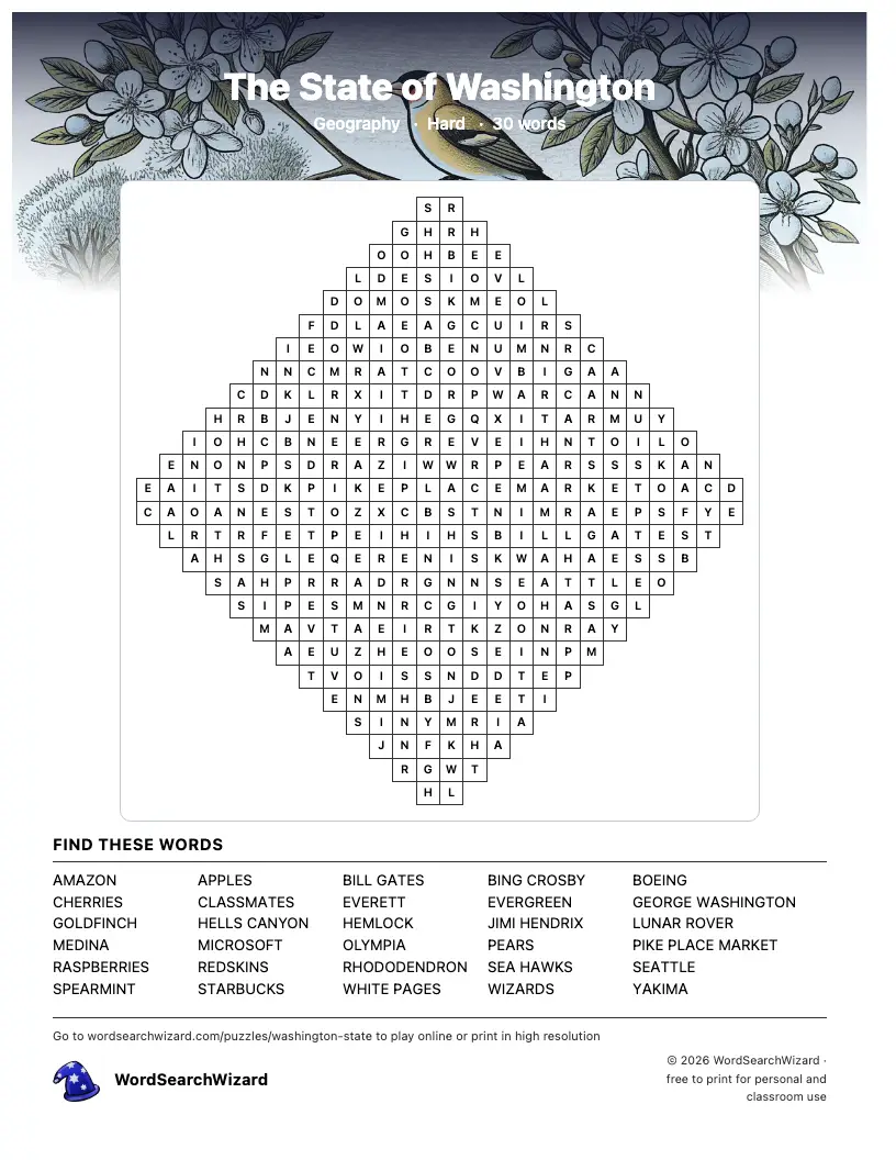 The State of Washington word search printable sheet, 30 words to find