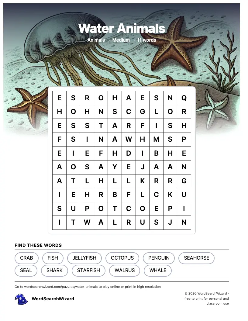 Water Animals word search printable sheet, 11 words to find