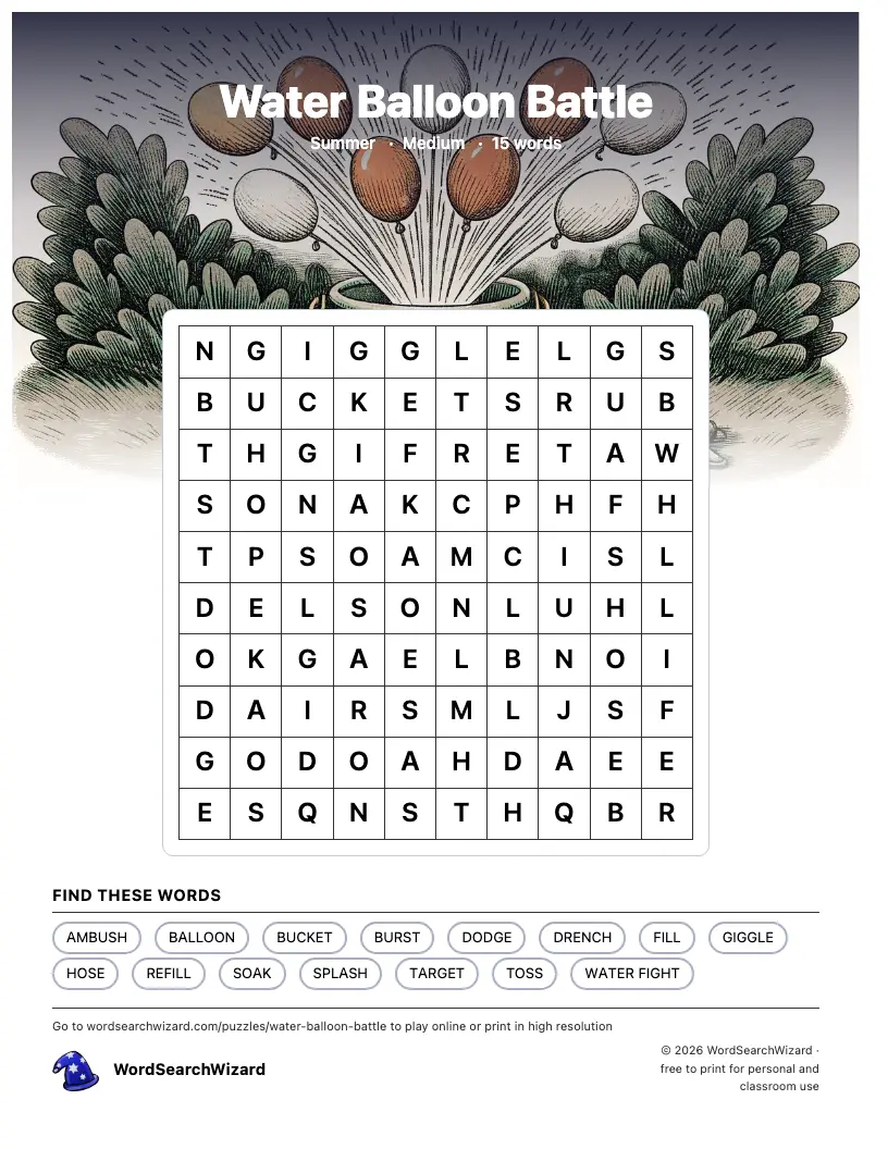 Water Balloon Battle word search printable sheet, 15 words to find