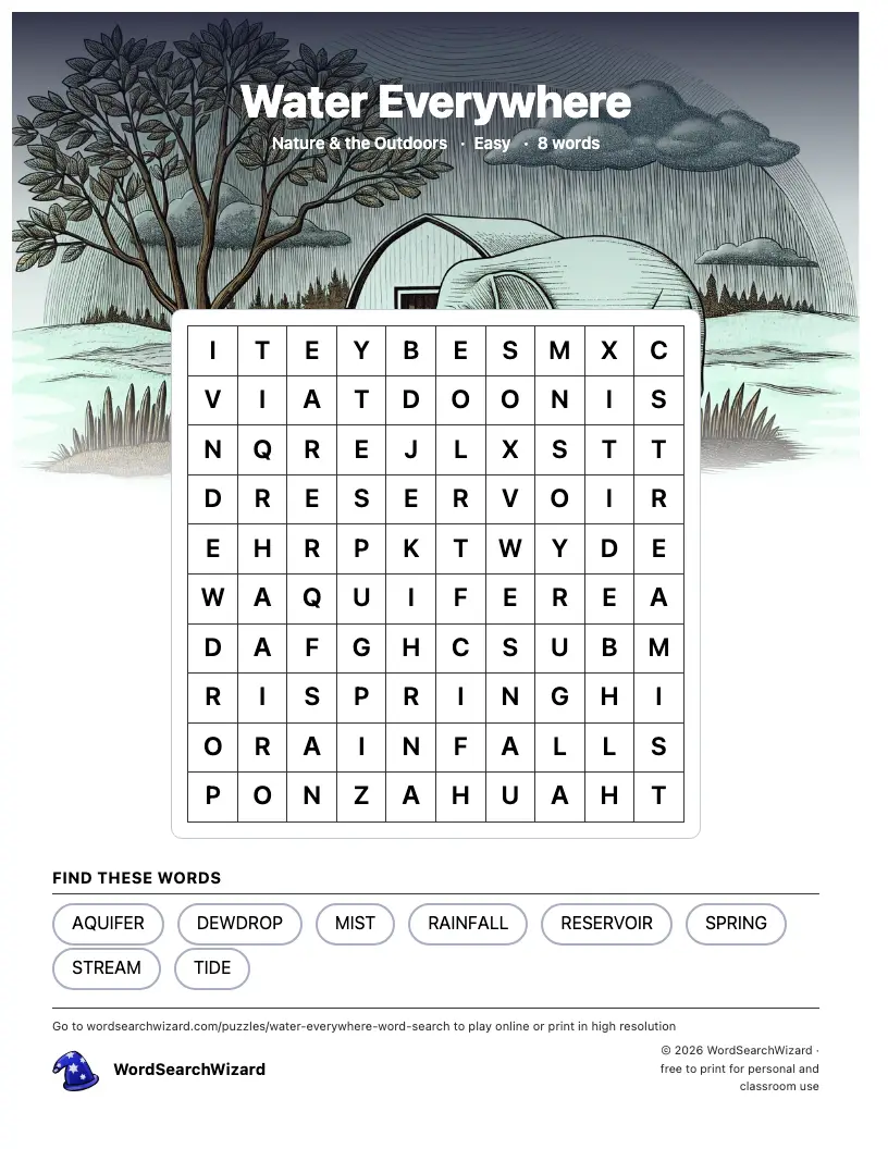 Water Everywhere word search printable sheet, 8 words to find