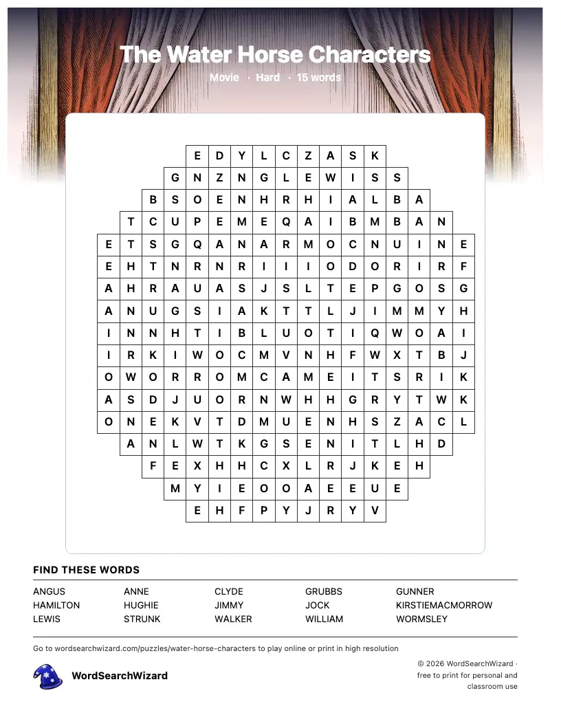 The Water Horse Characters word search printable sheet, 15 words to find